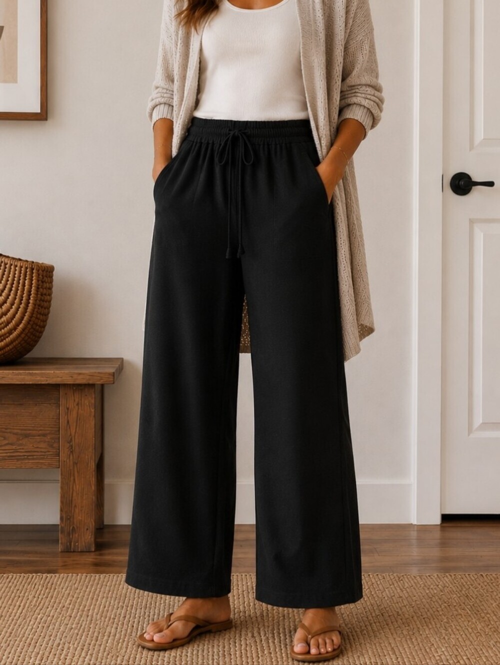 Listicle Women's Black Wide Leg Lounge Pants Drawstring Pull-On Soft Knit Large